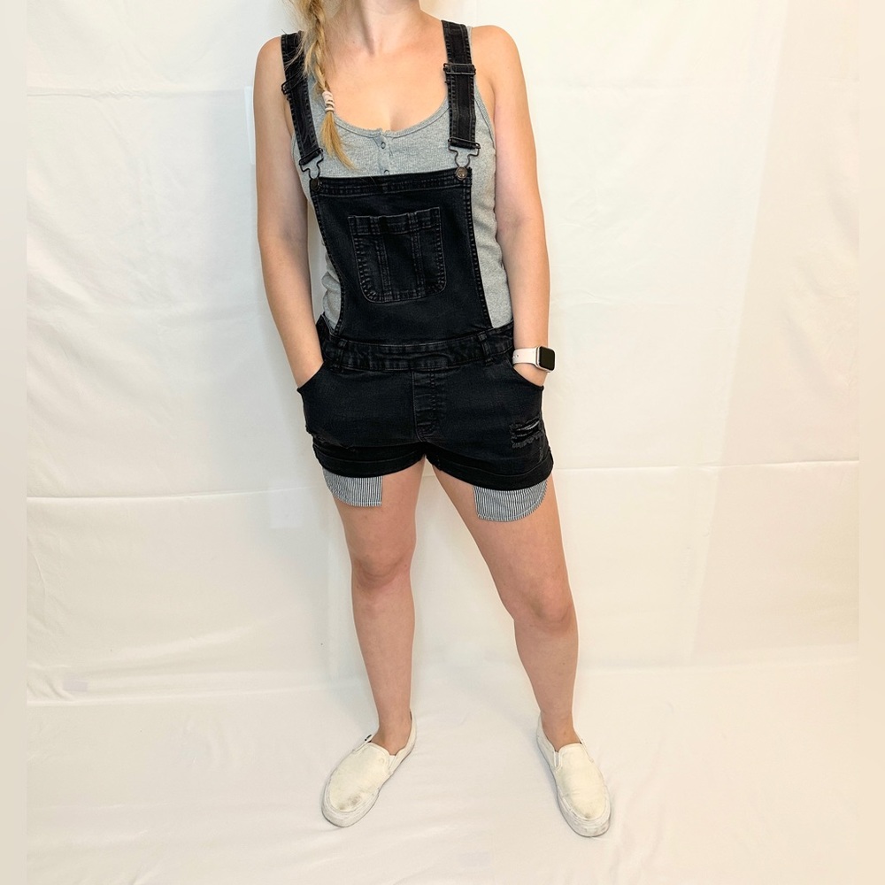 Wax Jean Black Denim Short Overalls Romper